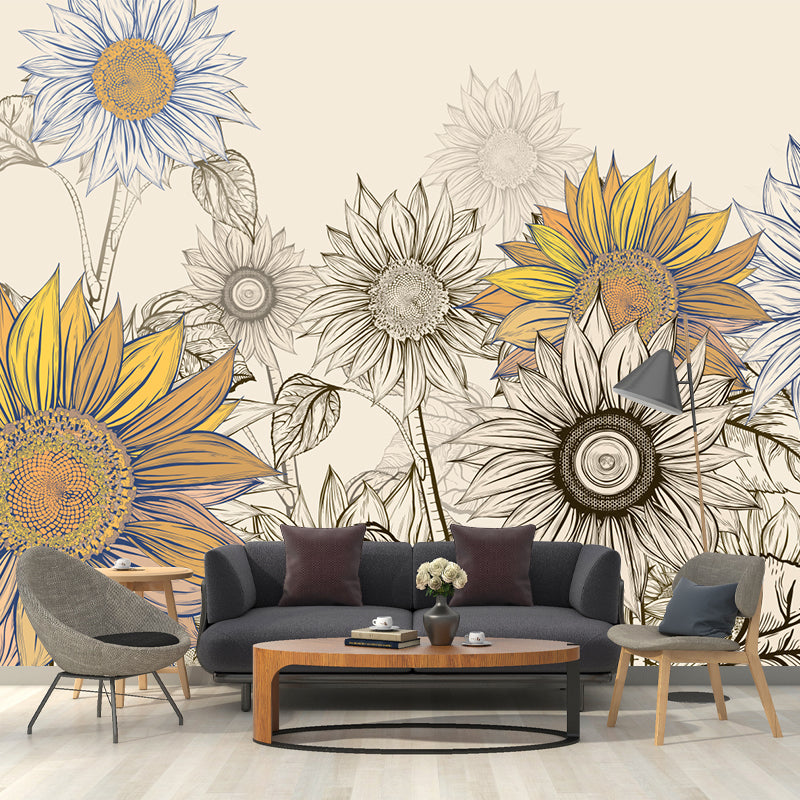 Modern Sketch Sunflower Mural Decal for Bedroom Personalized Wall Art in Yellow-Blue Clearhalo 'Wall Decor' 'Wall Mural' 1211672