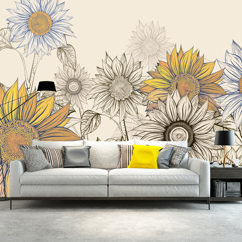 Modern Sketch Sunflower Mural Decal for Bedroom Personalized Wall Art in Yellow-Blue Clearhalo 'Wall Decor' 'Wall Mural' 1211673