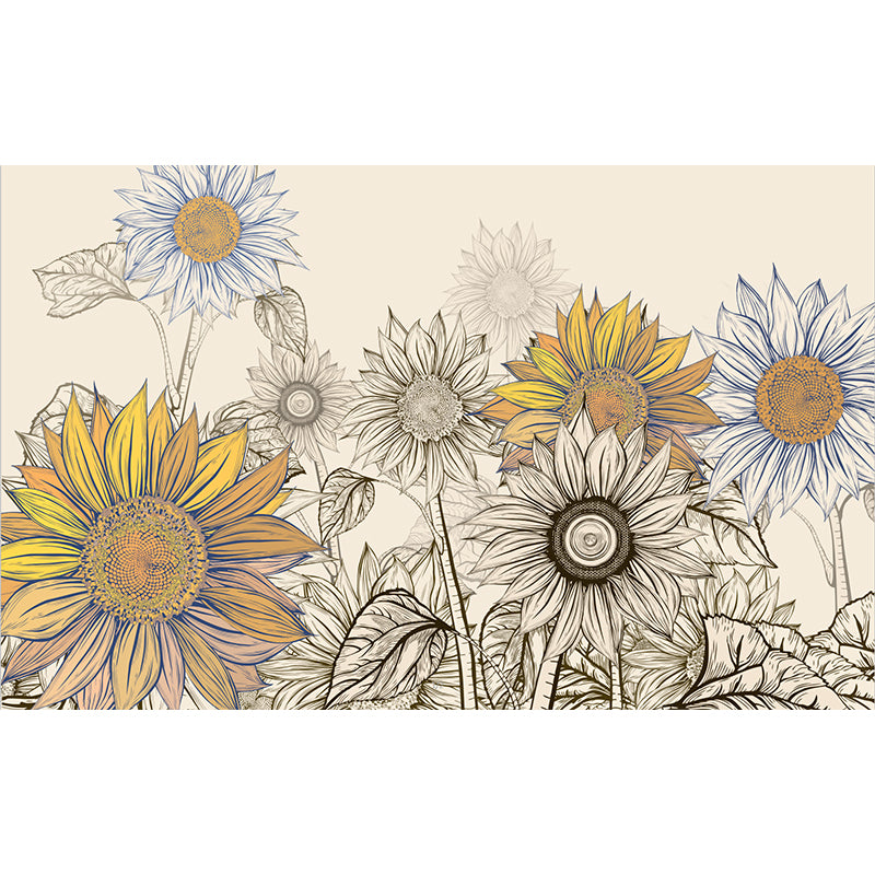 Modern Sketch Sunflower Mural Decal for Bedroom Personalized Wall Art in Yellow-Blue Clearhalo 'Wall Decor' 'Wall Mural' 1211674