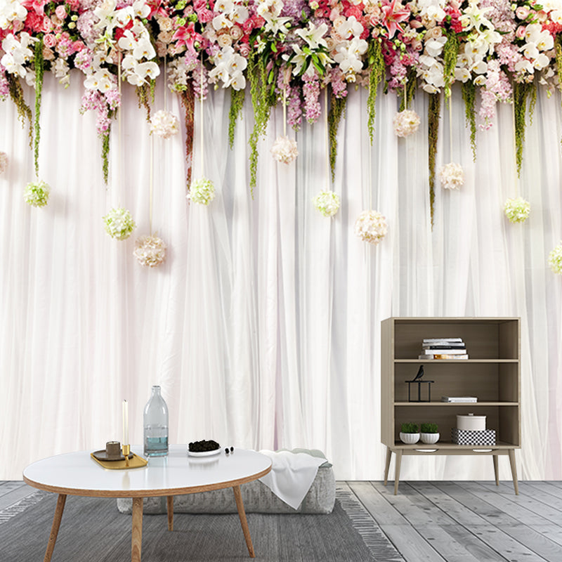 Flower-Edge Drapes Mural Wallpaper Modernist Non-Woven Wall Covering in Pink-Green Pink-Green Clearhalo 'Wall Decor' 'Wall Mural' 1211676