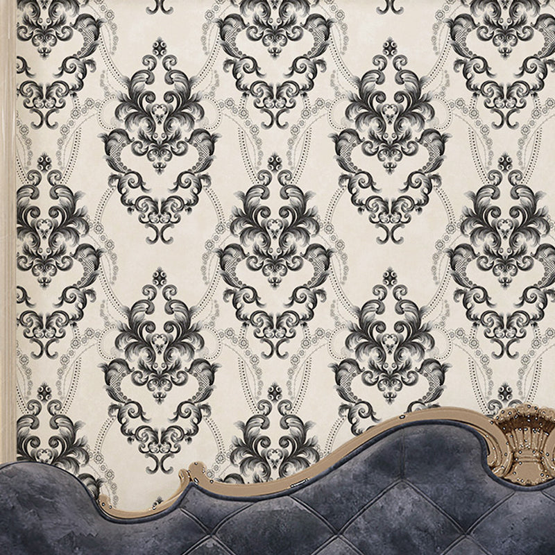 Retro Style Flower Damask Wallpaper Dark Color Moisture Resistant Wall Decor for Home Black-White Clearhalo 'Vintage wall decor' 'Vintage' 'Wallpaper' Wall Decor' 1212639