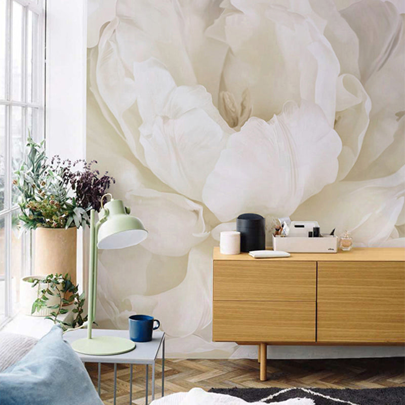 Close-Up Peony Blossom Murals White Minimalist Wall Covering for Living Room Decor White Clearhalo 'Wall Decor' 'Wall Mural' 1212869