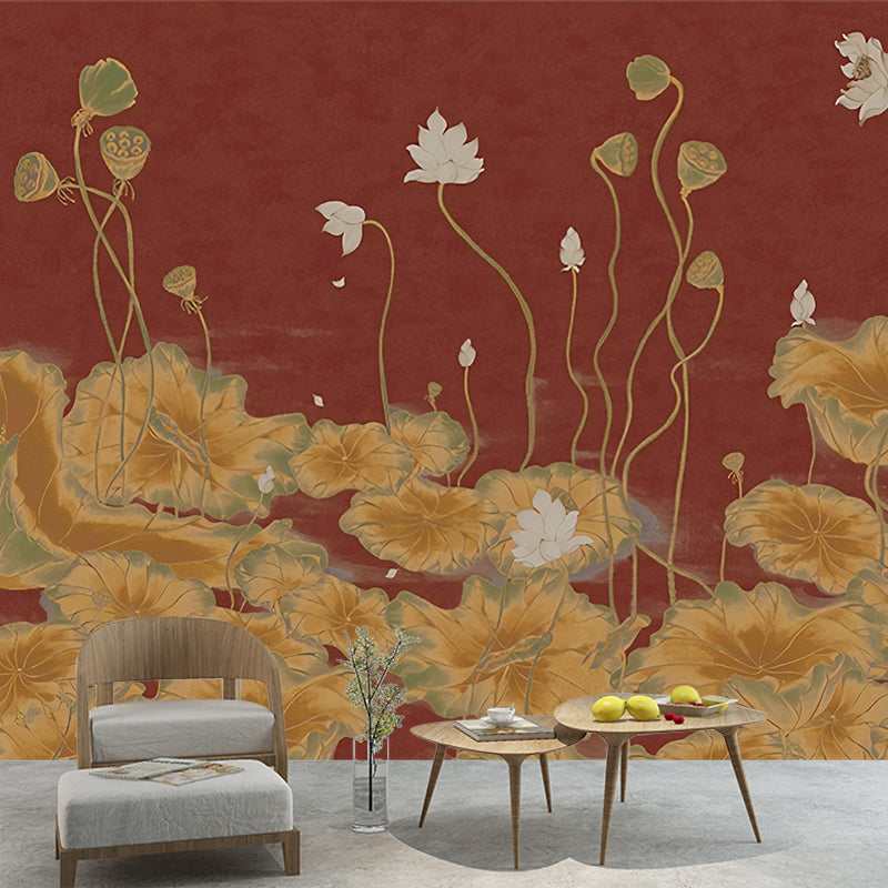 Lotus Pond Painting Wall Mural Dark Color Chinoiserie Wall Covering for Study Room Clearhalo 'Wall Decor' 'Wall Mural' 1212875