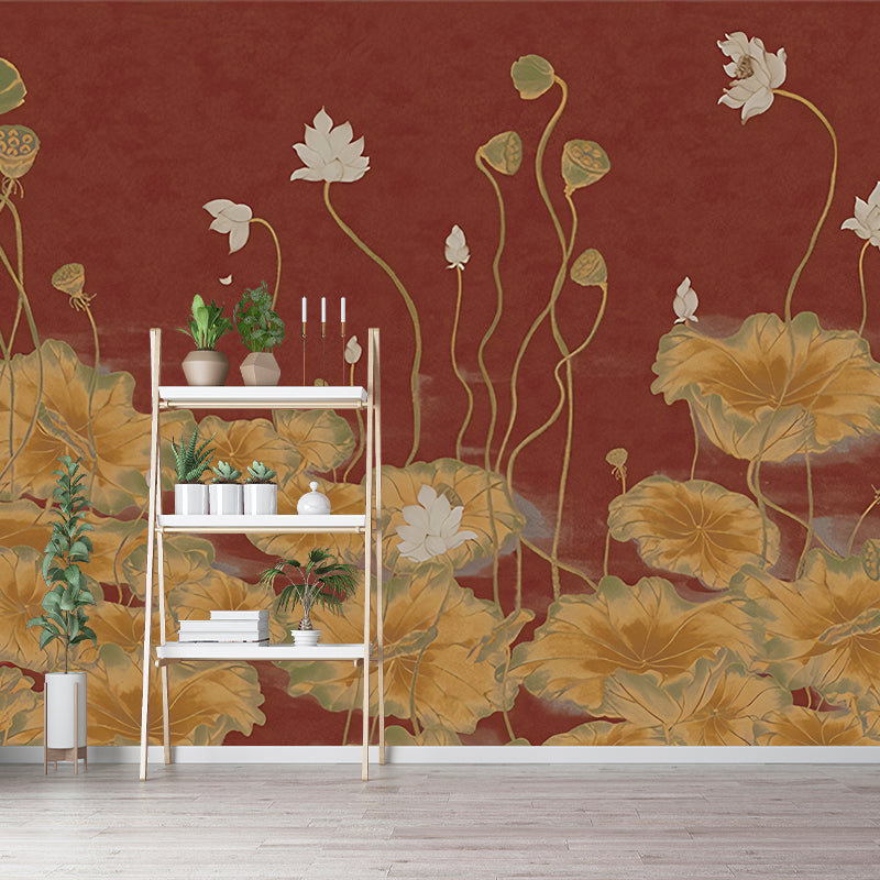 Lotus Pond Painting Wall Mural Dark Color Chinoiserie Wall Covering for Study Room Clearhalo 'Wall Decor' 'Wall Mural' 1212876