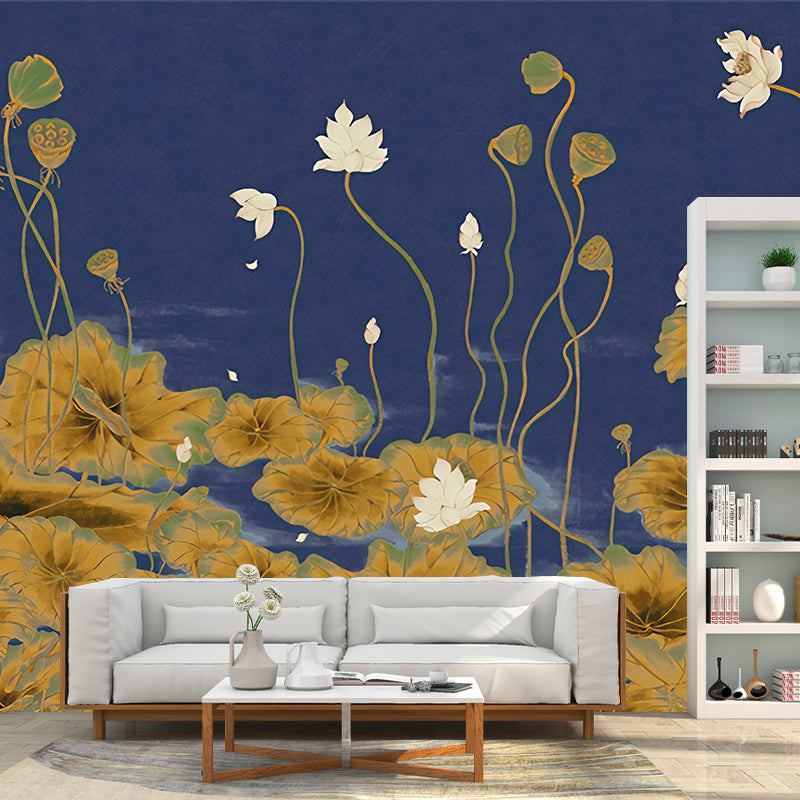 Lotus Pond Painting Wall Mural Dark Color Chinoiserie Wall Covering for Study Room Clearhalo 'Wall Decor' 'Wall Mural' 1212880