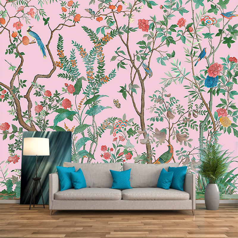 Personalized Illustration Stylish Murals with Bird and Flower Bushes Pattern in Soft Color Clearhalo 'Wall Decor' 'Wall Mural' 1212901