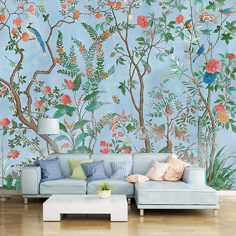 Personalized Illustration Stylish Murals with Bird and Flower Bushes Pattern in Soft Color Clearhalo 'Wall Decor' 'Wall Mural' 1212905