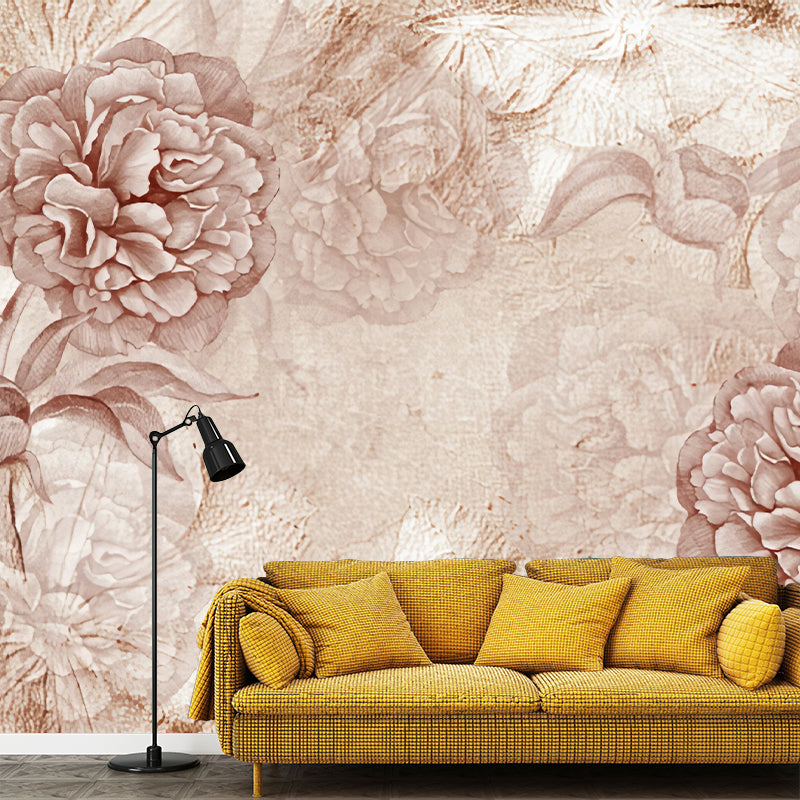 Big Peony Blossom Wall Mural Moisture Resistant Trendy Living Room Wall Covering in Light Pink Clearhalo 'Wall Decor' 'Wall Mural' 1212910