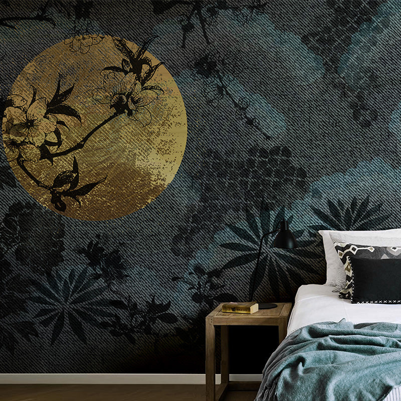 Moon and Flower Shadow Murals Contemporary Stain-Resistant Bedroom Wall Decor, Custom Size Dark Blue-Gray Clearhalo 'Wall Decor' 'Wall Mural' 1212924