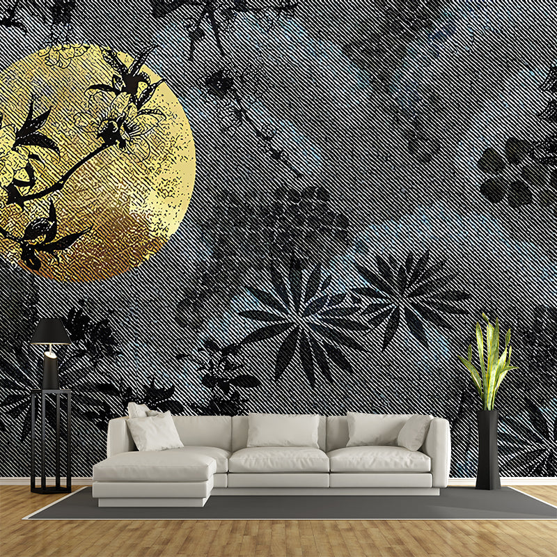 Moon and Flower Shadow Murals Contemporary Stain-Resistant Bedroom Wall Decor, Custom Size Clearhalo 'Wall Decor' 'Wall Mural' 1212925