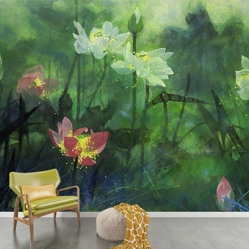 Modernist Flower Lotus Murals Decal Green Water Resistant Wall Art for Living Room Green Clearhalo 'Wall Decor' 'Wall Mural' 1212937