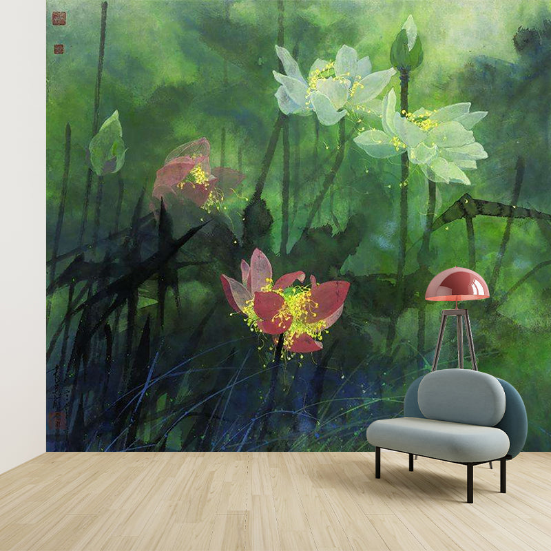 Modernist Flower Lotus Murals Decal Green Water Resistant Wall Art for Living Room Clearhalo 'Wall Decor' 'Wall Mural' 1212938