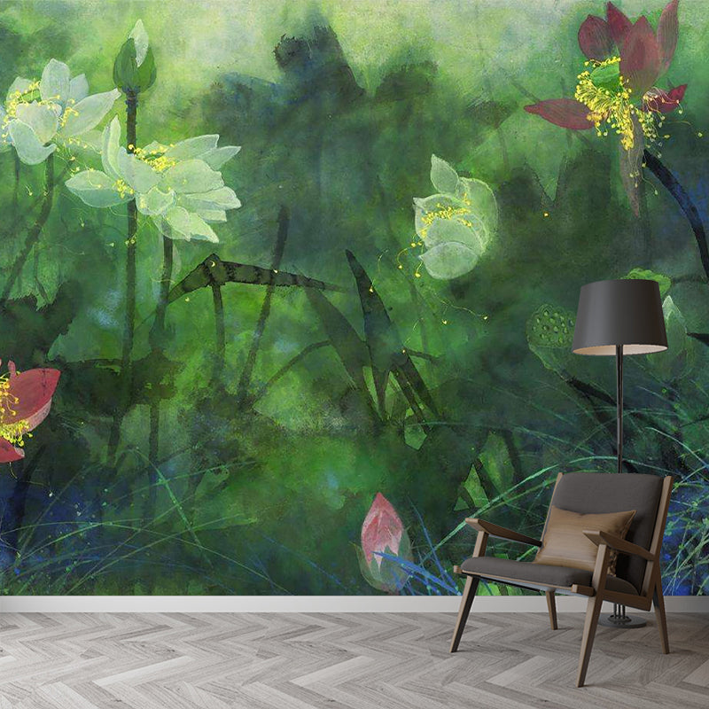 Modernist Flower Lotus Murals Decal Green Water Resistant Wall Art for Living Room Clearhalo 'Wall Decor' 'Wall Mural' 1212939