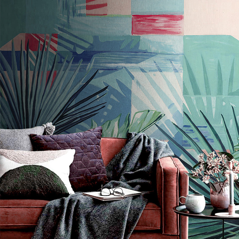 Whole Plants Wall Murals Tropics Leaves Wall Covering in Blue-Green for Living Room Blue-Green Clearhalo 'Wall Decor' 'Wall Mural' 1212942