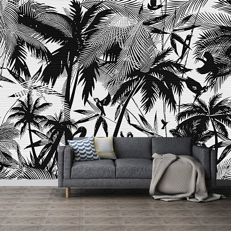 Whole Tropical Wall Paper Murals Black Coastal Palm Trees and Flamingo Painting Wall Art, Made to Measure Black Clearhalo 'Wall Decor' 'Wall Mural' 1212947