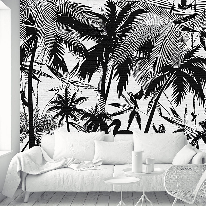 Whole Tropical Wall Paper Murals Black Coastal Palm Trees and Flamingo Painting Wall Art, Made to Measure Clearhalo 'Wall Decor' 'Wall Mural' 1212949