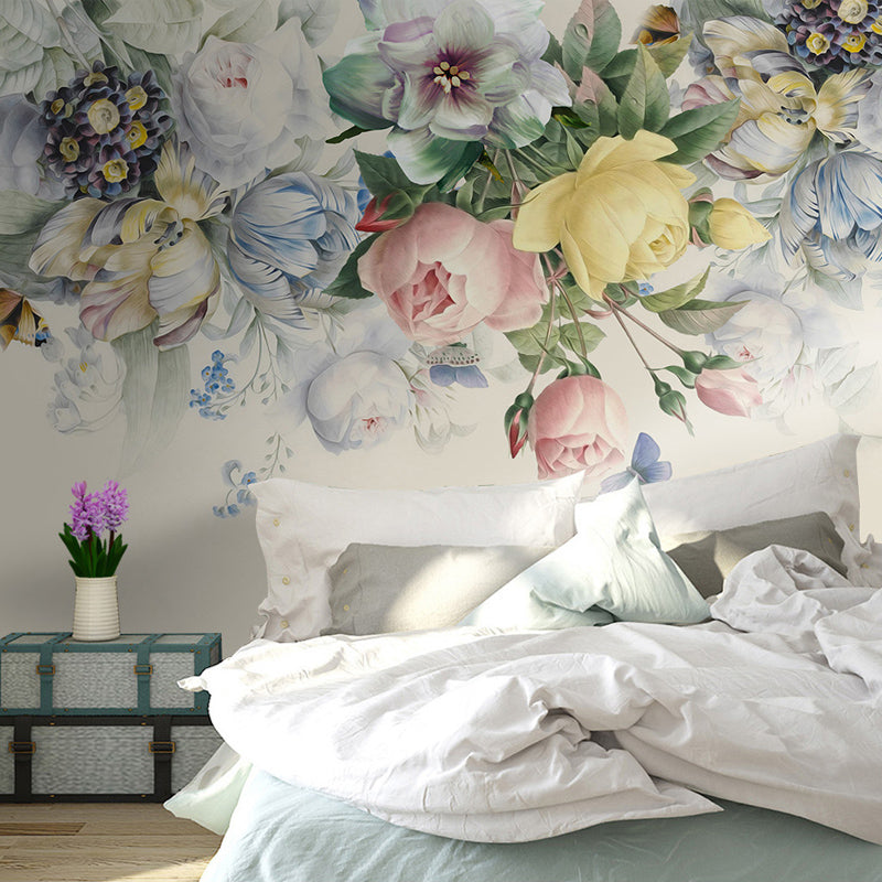 Semi-Open Peonies Flower Murals Wallpaper Stylish Smooth Wall Decor for Girls Room Green-Yellow-Pink Clearhalo 'Wall Decor' 'Wall Mural' 1212991