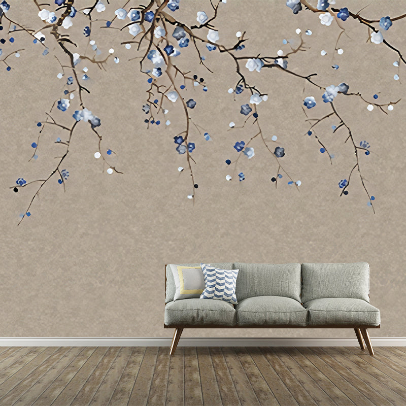 Oriental Blooming Plum Wall Murals for Living Room Custom Wall Covering in Pastel Color Clearhalo 'Wall Decor' 'Wall Mural' 1212997