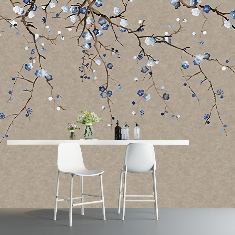 Oriental Blooming Plum Wall Murals for Living Room Custom Wall Covering in Pastel Color Clearhalo 'Wall Decor' 'Wall Mural' 1212998