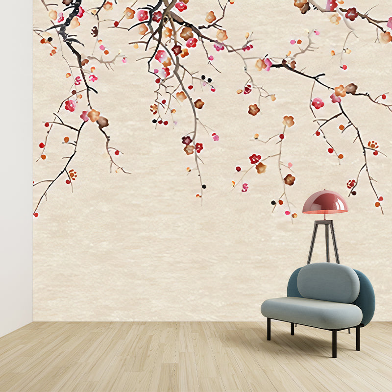 Oriental Blooming Plum Wall Murals for Living Room Custom Wall Covering in Pastel Color Clearhalo 'Wall Decor' 'Wall Mural' 1213002