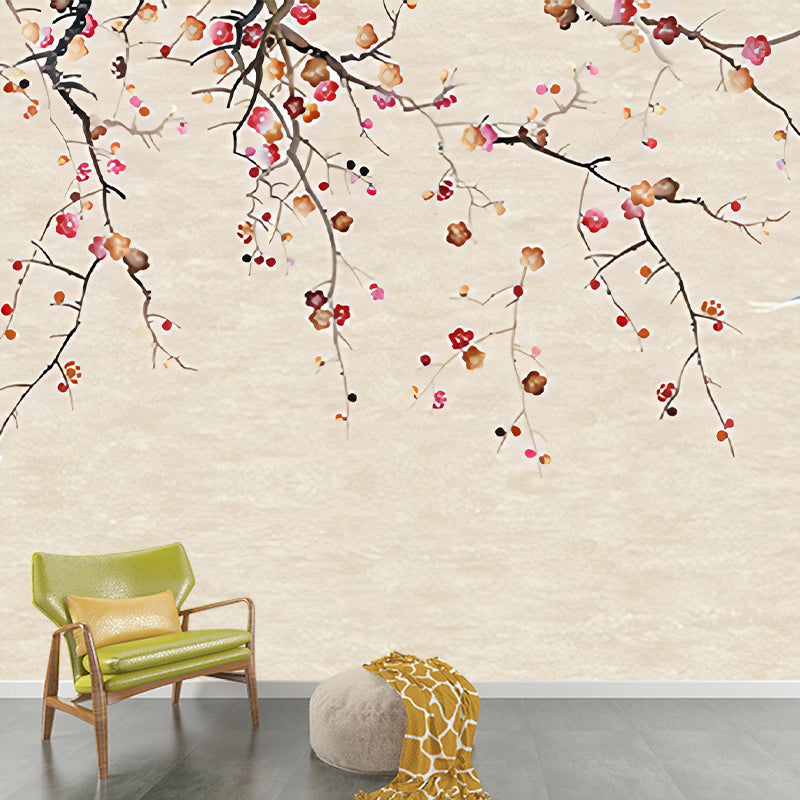 Oriental Blooming Plum Wall Murals for Living Room Custom Wall Covering in Pastel Color Clearhalo 'Wall Decor' 'Wall Mural' 1213003