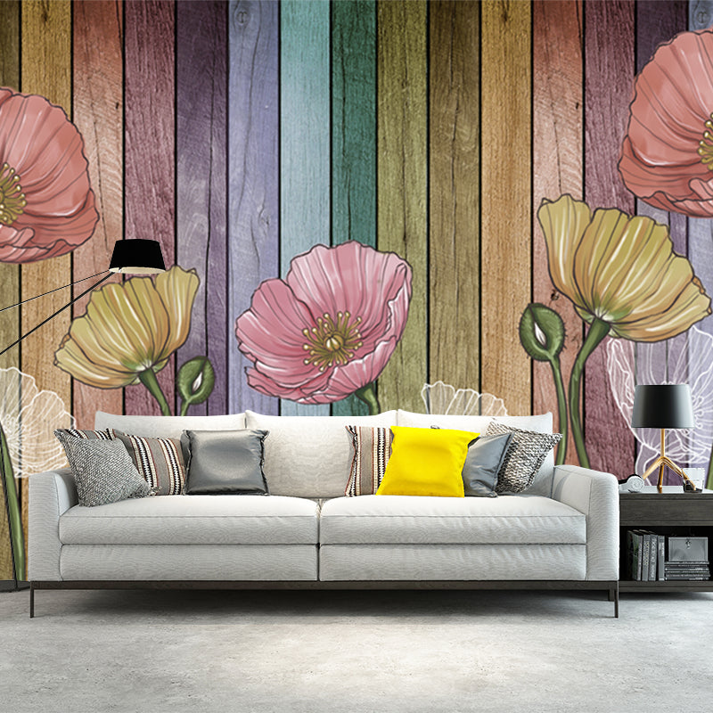 Magnolia and Wood Plank Murals Rural Moisture Resistant Bedroom Wall Art, Personalized Size Blue-Pink-Yellow Clearhalo 'Wall Decor' 'Wall Mural' 1213063