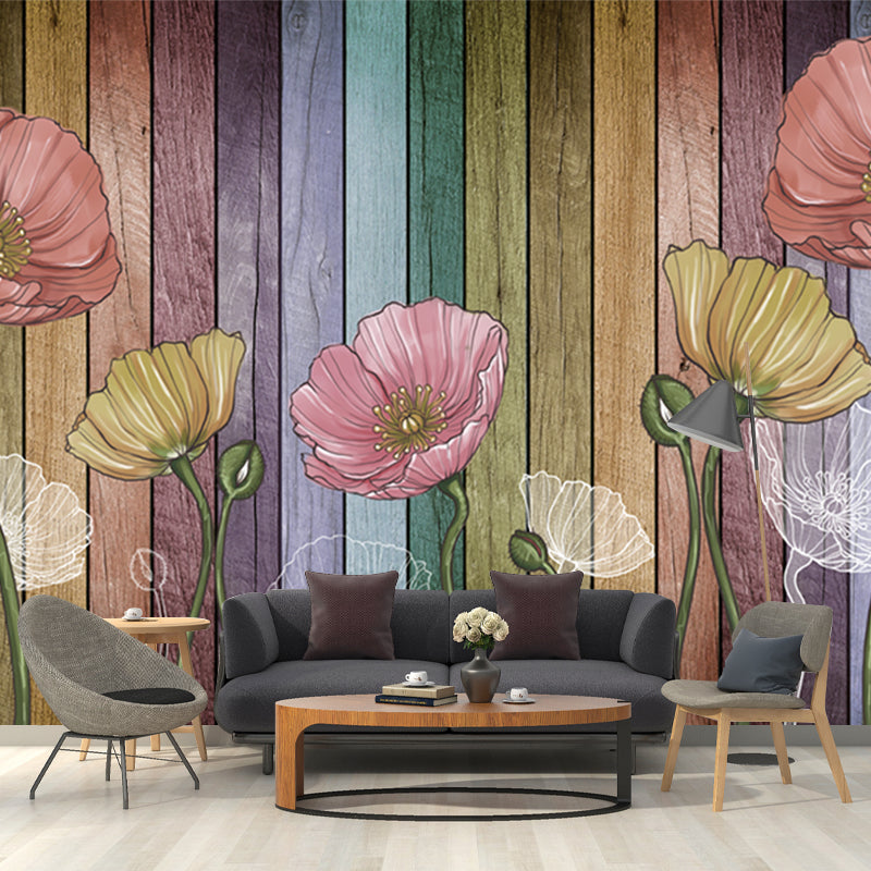 Magnolia and Wood Plank Murals Rural Moisture Resistant Bedroom Wall Art, Personalized Size Clearhalo 'Wall Decor' 'Wall Mural' 1213064