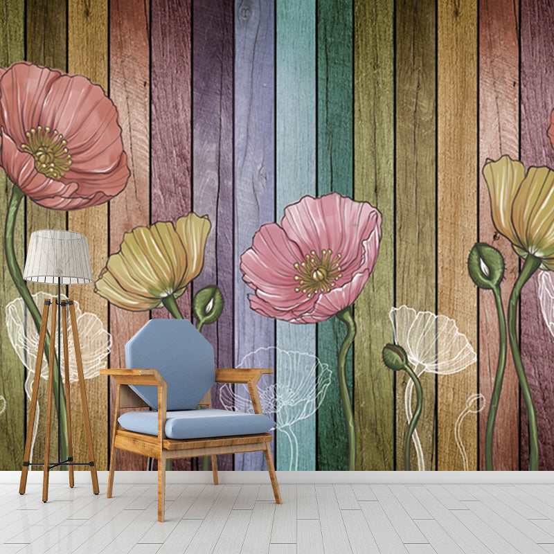 Magnolia and Wood Plank Murals Rural Moisture Resistant Bedroom Wall Art, Personalized Size Clearhalo 'Wall Decor' 'Wall Mural' 1213065