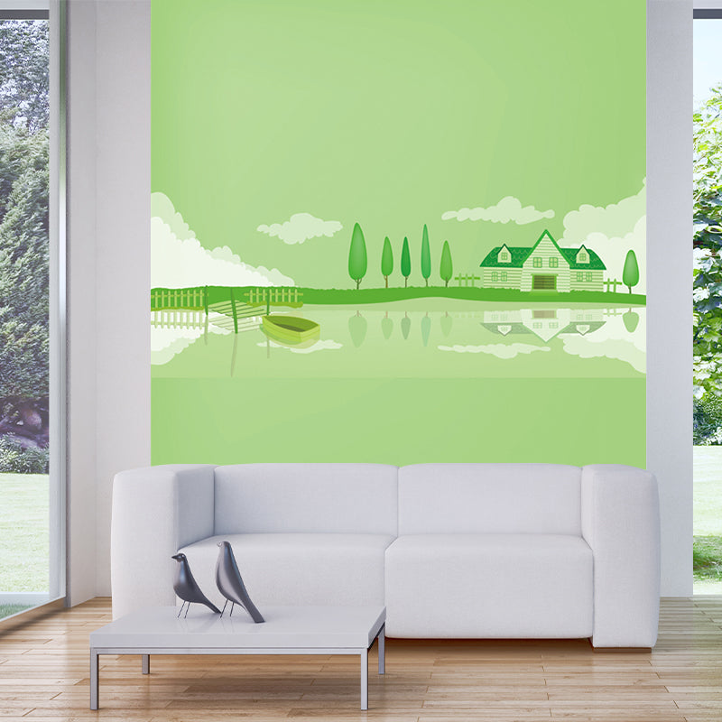 Green Lakeside House Wall Mural Decal Fantasy Cartoon Waterproof Wall Art for Nursery Green Clearhalo 'Wall Decor' 'Wall Mural' 1213098