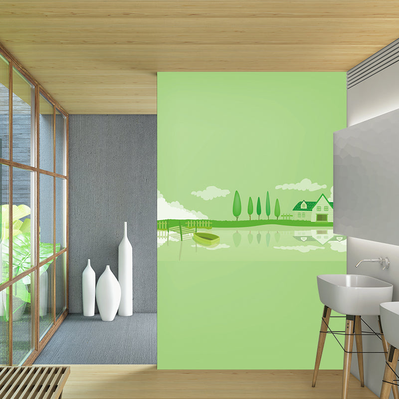 Green Lakeside House Wall Mural Decal Fantasy Cartoon Waterproof Wall Art for Nursery Clearhalo 'Wall Decor' 'Wall Mural' 1213099