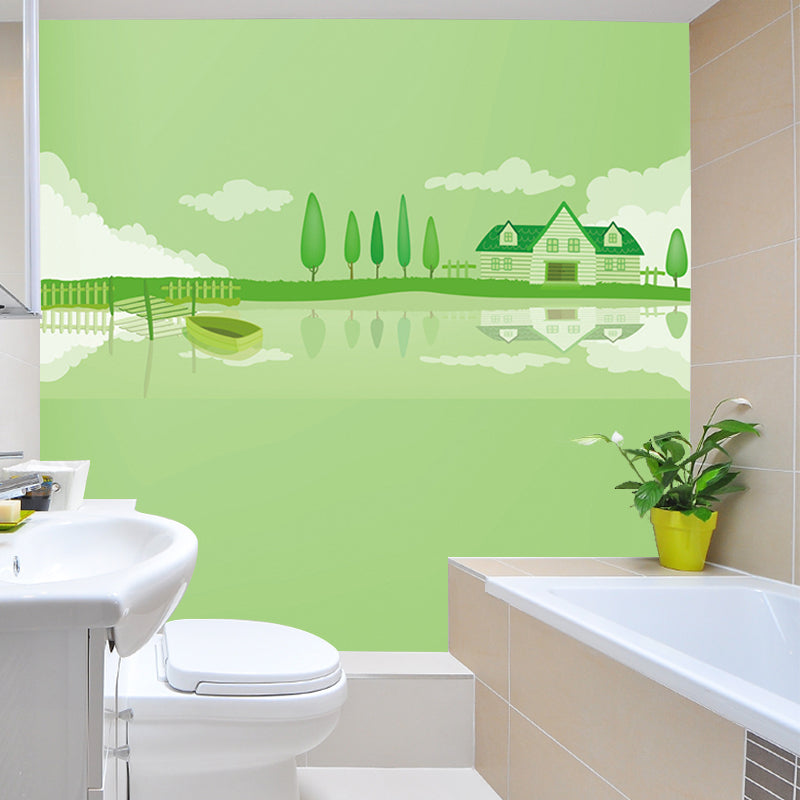 Green Lakeside House Wall Mural Decal Fantasy Cartoon Waterproof Wall Art for Nursery Clearhalo 'Wall Decor' 'Wall Mural' 1213100