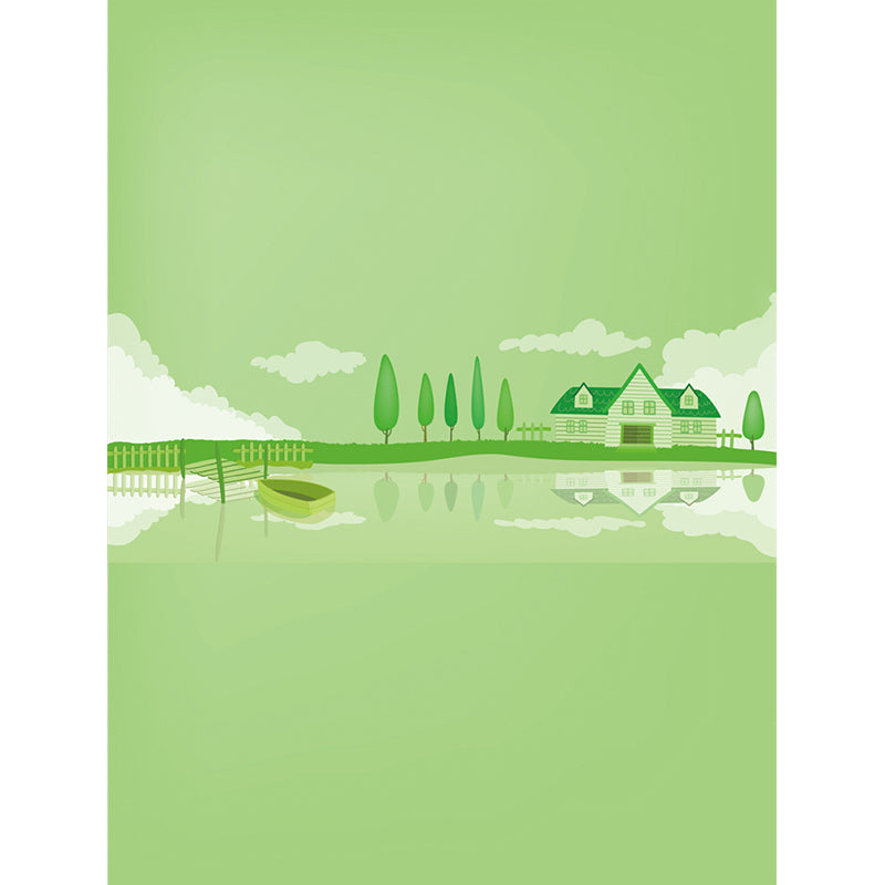 Green Lakeside House Wall Mural Decal Fantasy Cartoon Waterproof Wall Art for Nursery Clearhalo 'Wall Decor' 'Wall Mural' 1213101