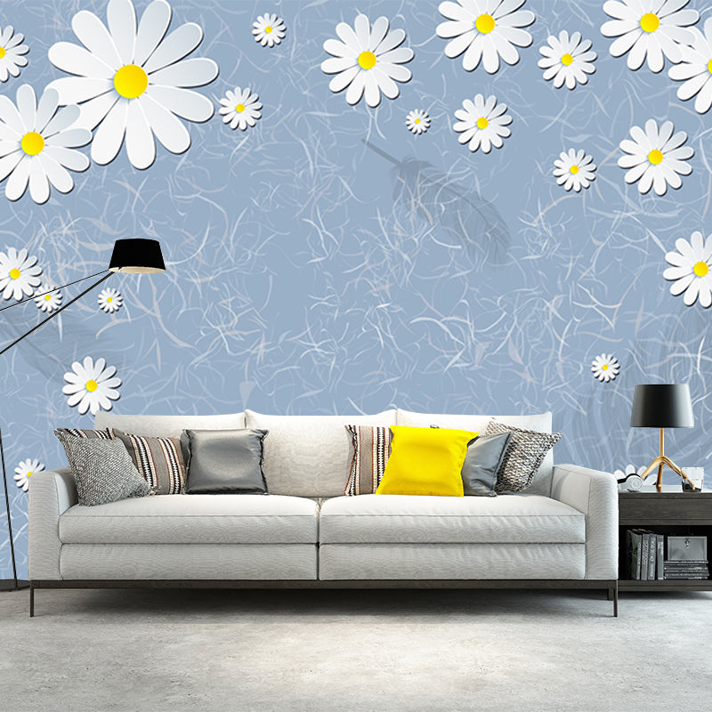 Illustration Daisy Flower Wallpaper Mural for Bedroom Decor, Blue-Yellow-White, Custom Print Blue-Yellow-White Clearhalo 'Wall Decor' 'Wall Mural' 1213103