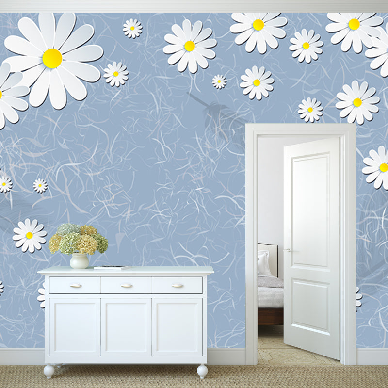 Illustration Daisy Flower Wallpaper Mural for Bedroom Decor, Blue-Yellow-White, Custom Print Clearhalo 'Wall Decor' 'Wall Mural' 1213104