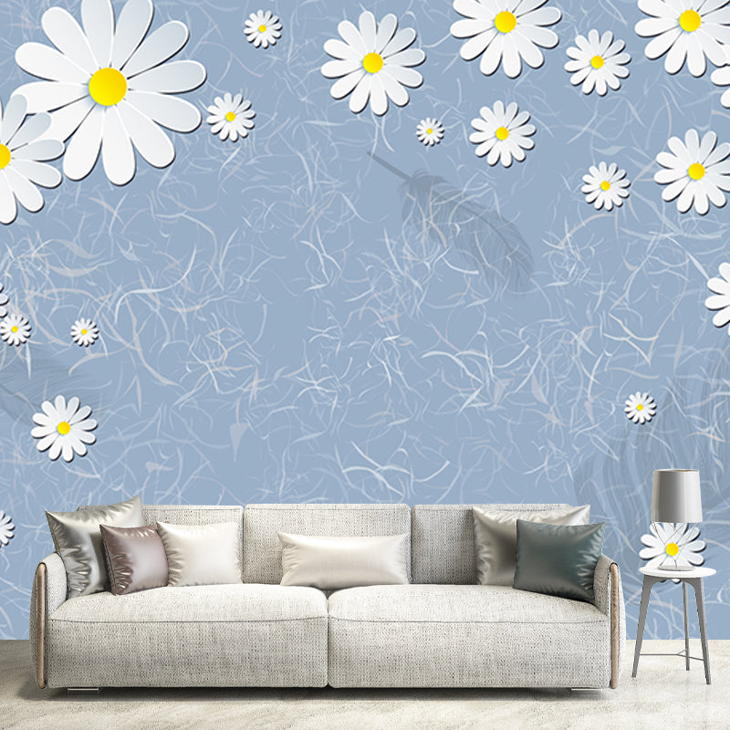 Illustration Daisy Flower Wallpaper Mural for Bedroom Decor, Blue-Yellow-White, Custom Print Clearhalo 'Wall Decor' 'Wall Mural' 1213105