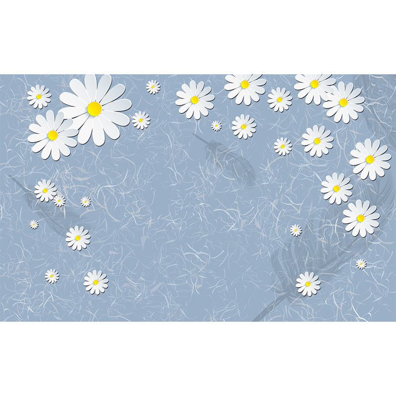 Illustration Daisy Flower Wallpaper Mural for Bedroom Decor, Blue-Yellow-White, Custom Print Clearhalo 'Wall Decor' 'Wall Mural' 1213106