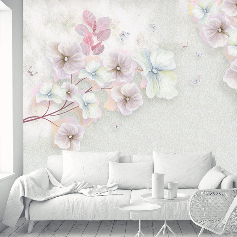 Pink Flowering Apricot Mural Decal Stain-Resistant Wall Covering for Living Room Pink Clearhalo 'Wall Decor' 'Wall Mural' 1213108