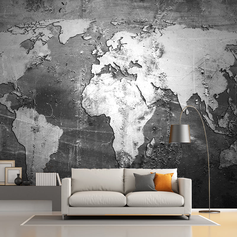 Photography Continental Map Wall Murals Full Size Wall Covering for Bedroom, Custom Print Black Gray-White Clearhalo 'Wall Decor' 'Wall Mural' 1213212