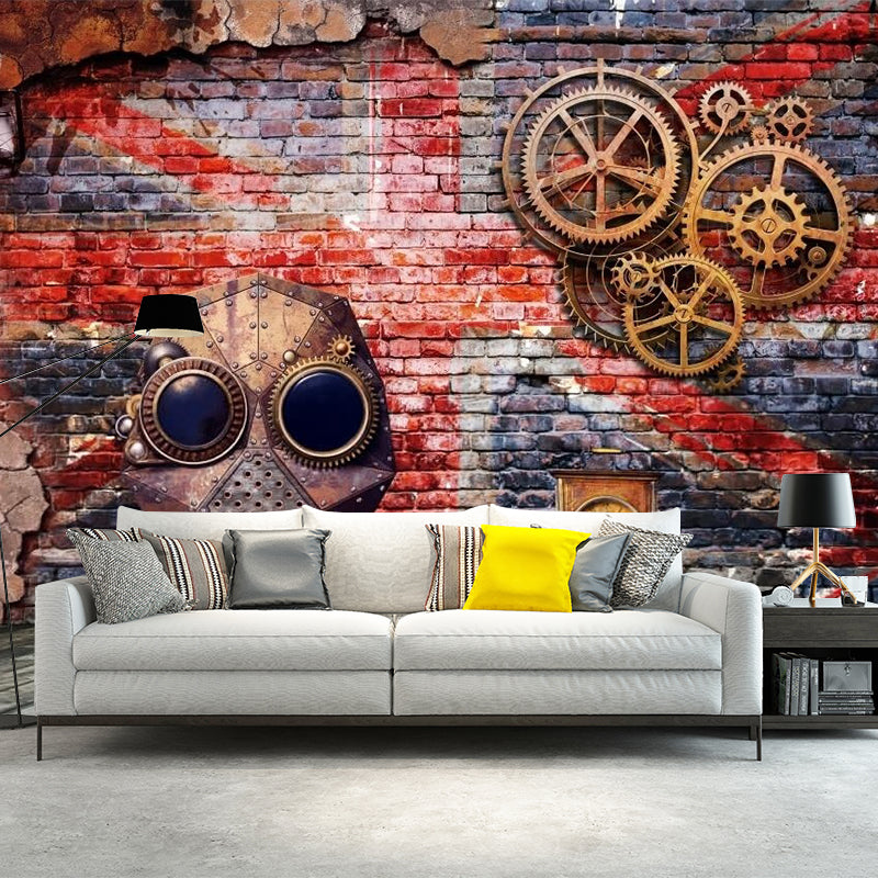 Cool Gear and Brick Murals Wallpaper for Bedroom, Grey and Red, Custom Size Available Gray-Red Clearhalo 'Wall Decor' 'Wall Mural' 1213222