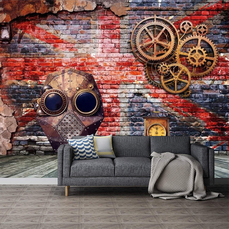 Cool Gear and Brick Murals Wallpaper for Bedroom, Grey and Red, Custom Size Available Clearhalo 'Wall Decor' 'Wall Mural' 1213223