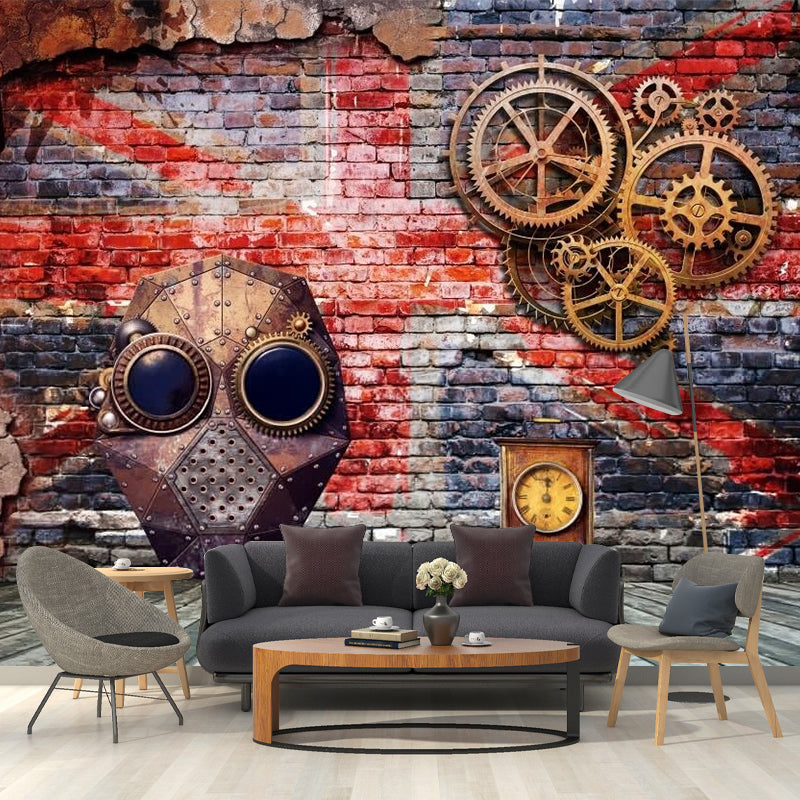 Cool Gear and Brick Murals Wallpaper for Bedroom, Grey and Red, Custom Size Available Clearhalo 'Wall Decor' 'Wall Mural' 1213224