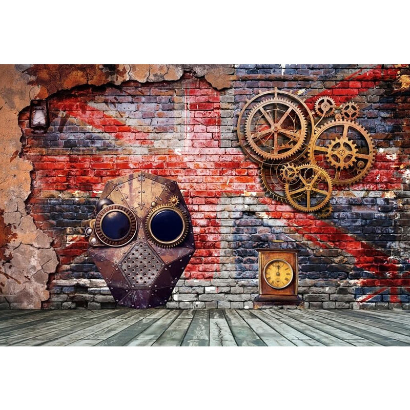 Cool Gear and Brick Murals Wallpaper for Bedroom, Grey and Red, Custom Size Available Clearhalo 'Wall Decor' 'Wall Mural' 1213225