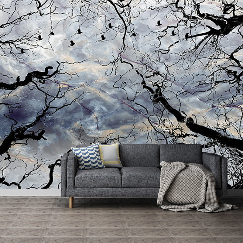 Sky and Withered Tree Murals Black-Blue Contemporary Wall Covering for Living Room Black-Blue Clearhalo 'Wall Decor' 'Wall Mural' 1213227