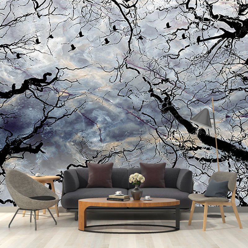 Sky and Withered Tree Murals Black-Blue Contemporary Wall Covering for Living Room Clearhalo 'Wall Decor' 'Wall Mural' 1213228