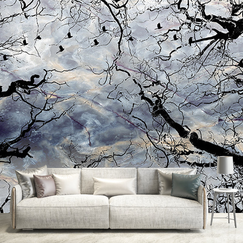 Sky and Withered Tree Murals Black-Blue Contemporary Wall Covering for Living Room Clearhalo 'Wall Decor' 'Wall Mural' 1213229