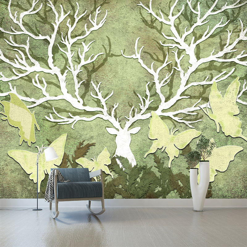 Rural Butterfly and Antler Mural Wallpaper for Home Personalized Wall Decor in Yellow-Green Yellow-Green Clearhalo 'Wall Decor' 'Wall Mural' 1213249