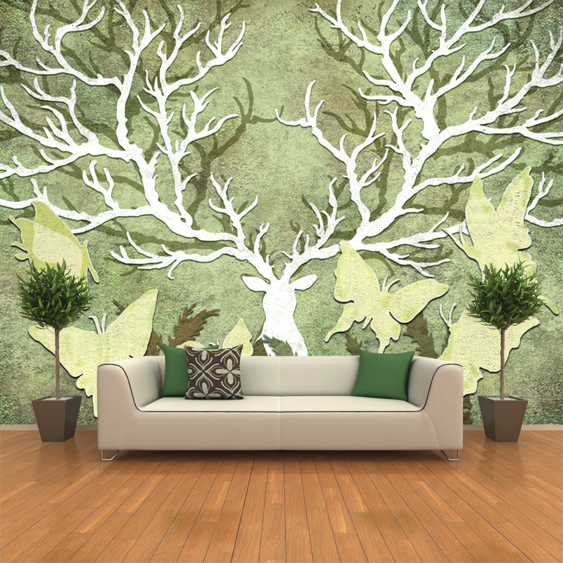 Rural Butterfly and Antler Mural Wallpaper for Home Personalized Wall Decor in Yellow-Green Clearhalo 'Wall Decor' 'Wall Mural' 1213250