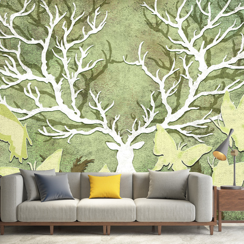 Rural Butterfly and Antler Mural Wallpaper for Home Personalized Wall Decor in Yellow-Green Clearhalo 'Wall Decor' 'Wall Mural' 1213251