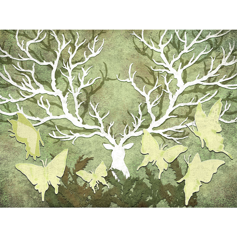 Rural Butterfly and Antler Mural Wallpaper for Home Personalized Wall Decor in Yellow-Green Clearhalo 'Wall Decor' 'Wall Mural' 1213252