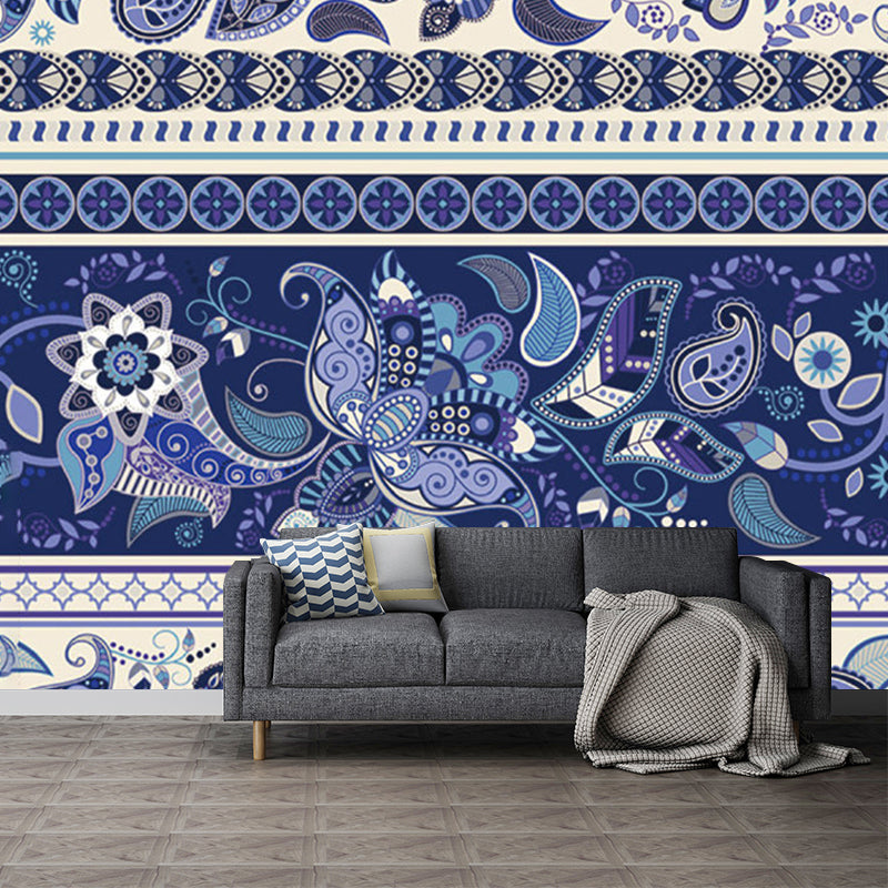 Bohemia Floral Wallpaper Murals for Living Room Custom Size Wall Art in Blue-Purple Blue-Purple Clearhalo 'Wall Decor' 'Wall Mural' 1213270